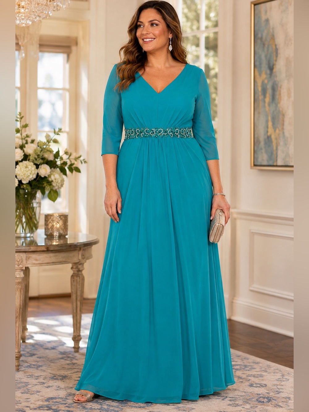 Marina Turquoise Green Embellished Waist 3/4 Sleeve Formal Gown Size 16W NWT